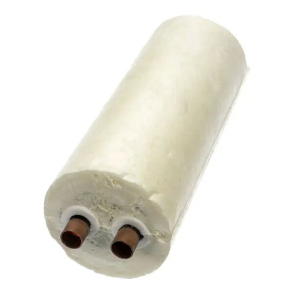A cylindrical foamed accumulator with two copper pipe connections, used in refrigeration systems.