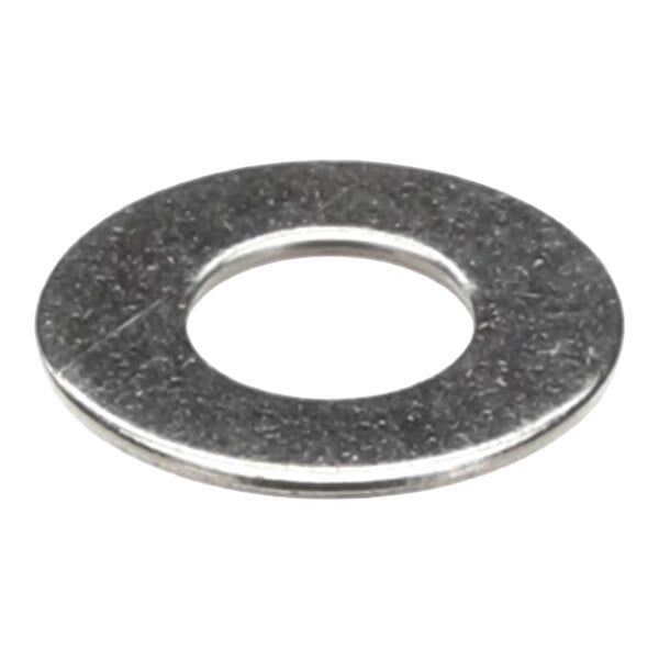 A flat stainless steel washer with a central hole, typically used for distributing the load of a threaded fastener.