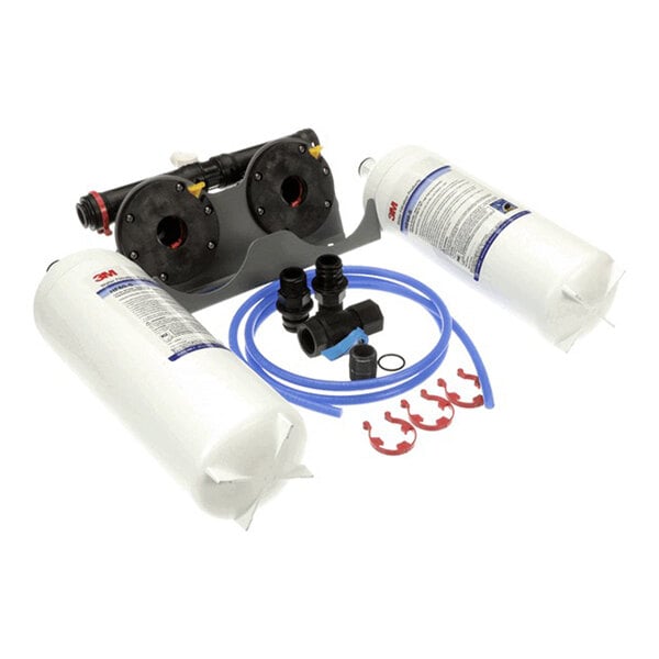 A 3M High Flow Series water filtration system kit for ice applications, including two filter cartridges, a mounting bracket, tubing, and connectors.