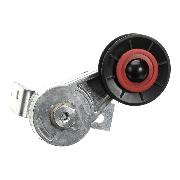 An Accurex 818912 belt tensioner assembly with a metal bracket and a black and red pulley.