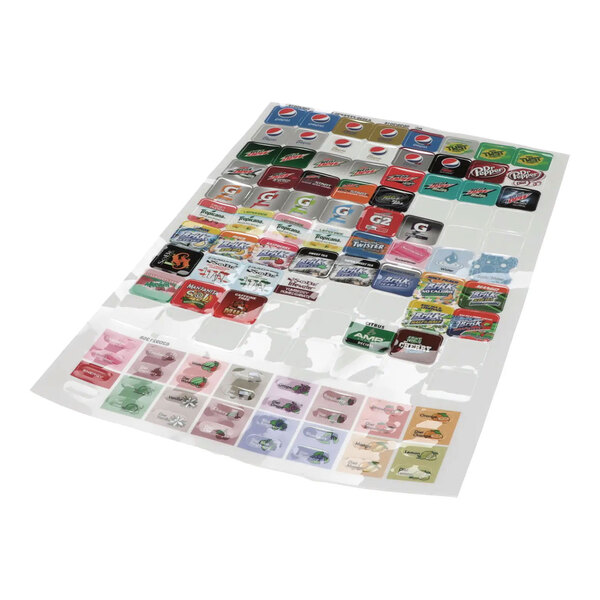 A sheet of assorted beverage brand decals for use with a Pepsi Flavor Fusion dispenser.