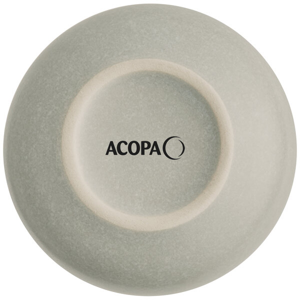 The image shows the bottom view of a round, ash gray bowl with a matte finish and the word 'ACOPA' printed on the base.