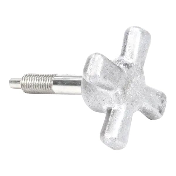 A metal cross-shaped bowl lock handle assembly with a threaded shaft.