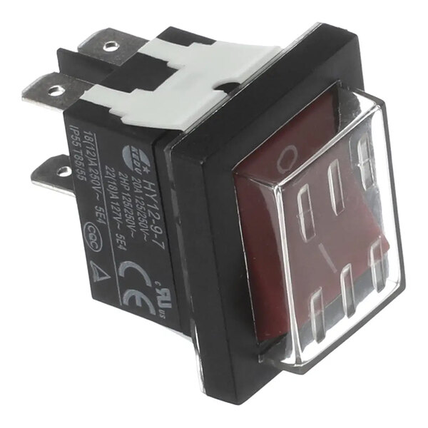 A rectangular Adcraft PS-1 power switch with a red button and metal terminals.