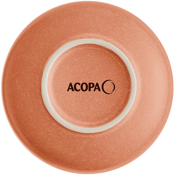 A round, terra cotta-colored bowl shown from the bottom with a matte finish and the word 'ACOPA' printed in the center.