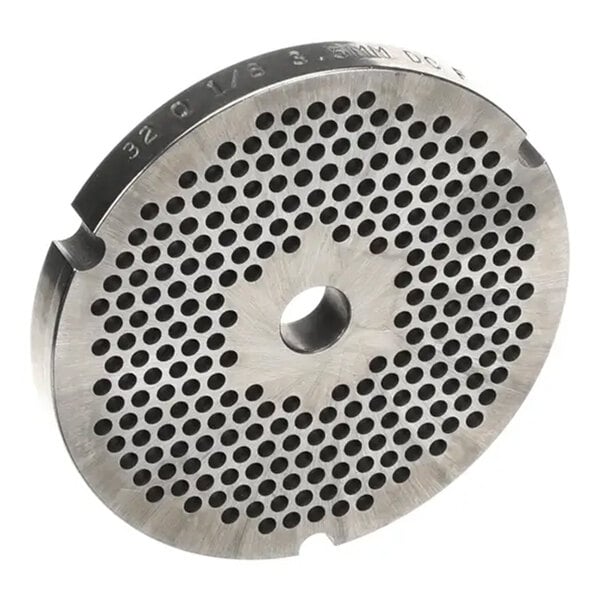 A round metal grinder plate with multiple small holes and a central opening, used for meat processing equipment.