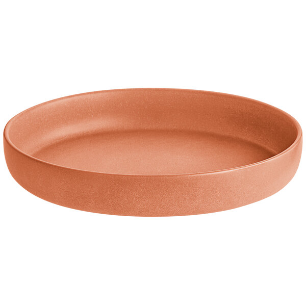 A round, shallow bowl with a matte terra cotta finish.