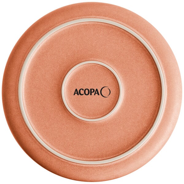 A round, terra cotta-colored bowl with a matte finish and the word 'ACOPA' printed in the center.