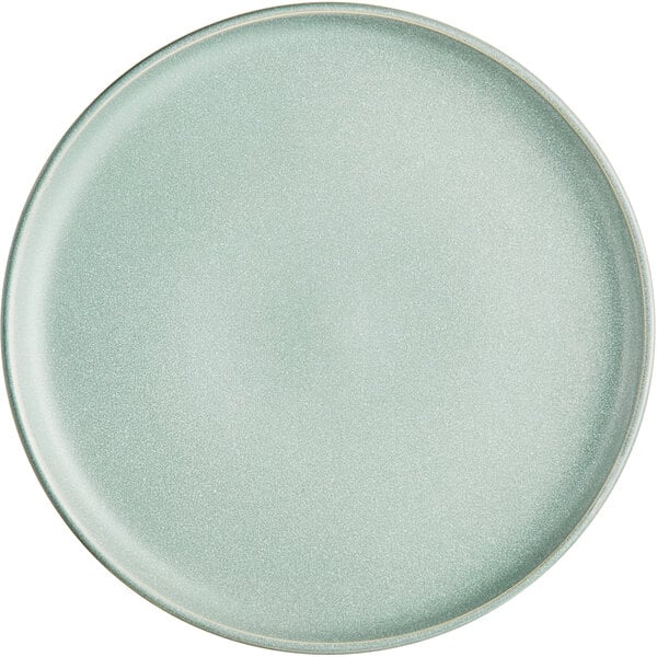 A round, matte, light blue plate with a smooth surface and a slightly raised rim.