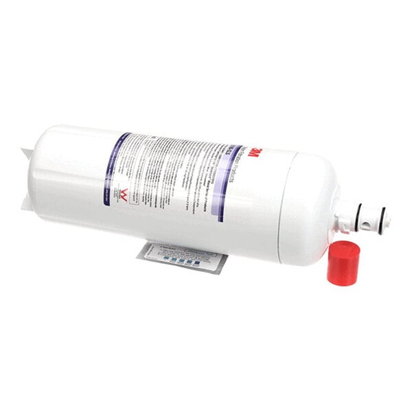 A white cylindrical 3M ScaleGard Blend B165-Cls water filter cartridge with a red cap placed beside the connector.