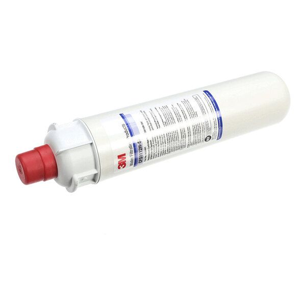 A cylindrical 3M water filter cartridge with a white body and red cap.