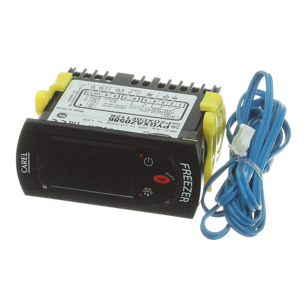 A digital freezer controller with a display screen and attached blue sensor wire.