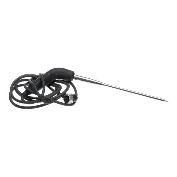 A metal food probe with a black handle and attached cable.