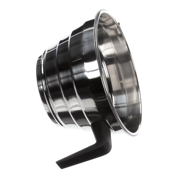 A stainless steel coffee brewing chamber with a black handle.