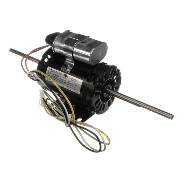 A black electric motor with attached capacitor and multiple colored wires, designed for use in ventilation or HVAC systems.