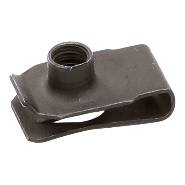 A black U-nut with a threaded hole, typically used for fastening applications.