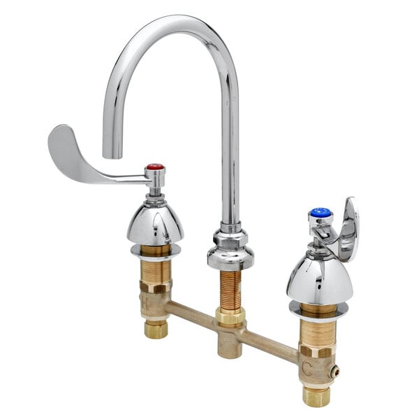A chrome T&S medical faucet with gooseneck and wrist action handles.