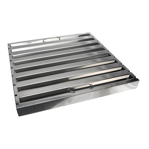 A stainless steel commercial kitchen grease filter with a slatted design and handles.