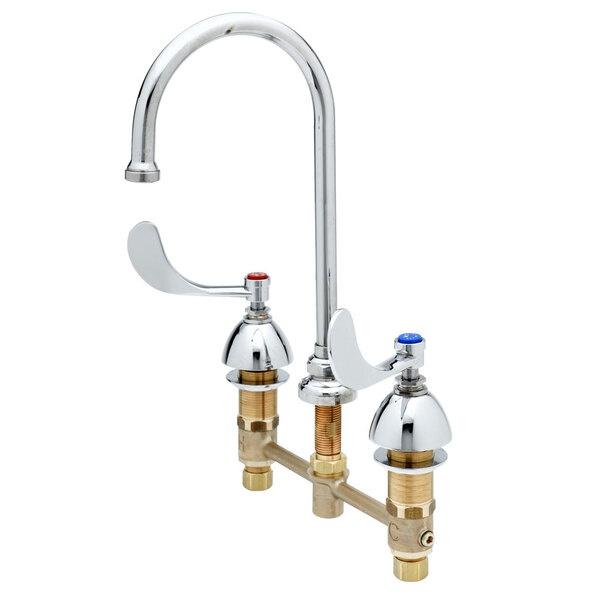 A chrome T&S deck mount medical faucet with 8-inch centers, gooseneck, and wrist action lever handles.