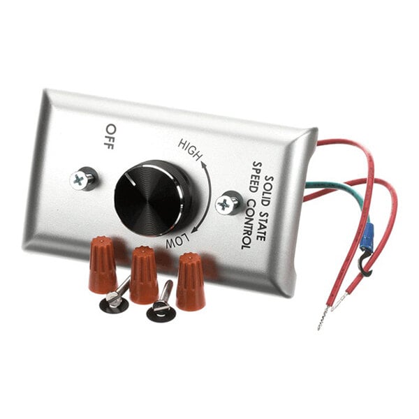A solid state speed control switch with a dial plate, wiring, and installation accessories.