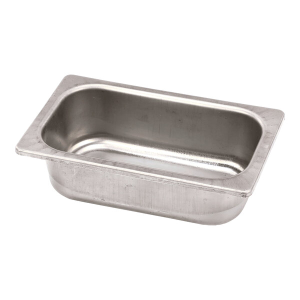 A rectangular stainless steel grease cup for a canopy, measuring 6.75 by 4.25 by 2 inches.