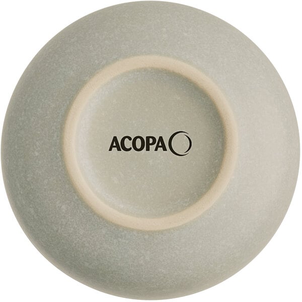 The image shows the bottom view of a round, ash gray dish with a matte finish and the word 'ACOPA' printed on the base.