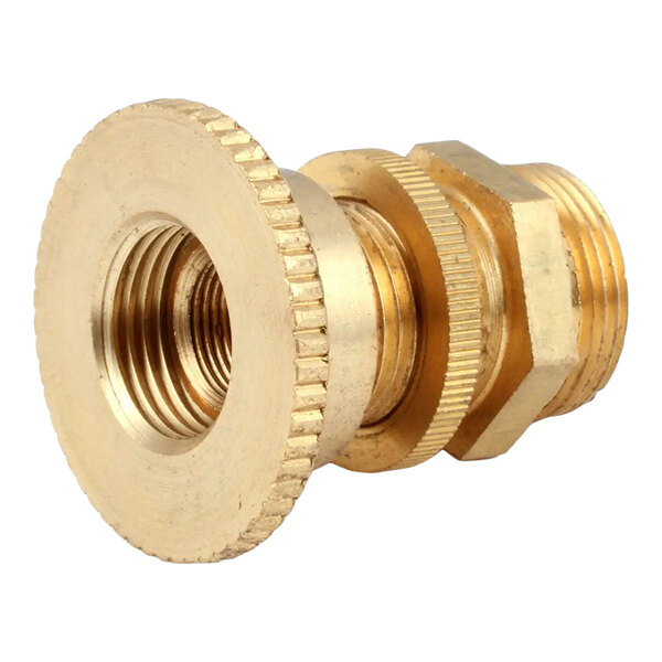 A brass spud assembly fitting used for gas connections in commercial kitchen equipment.