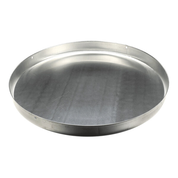 A round, flat metal pan with a raised edge.
