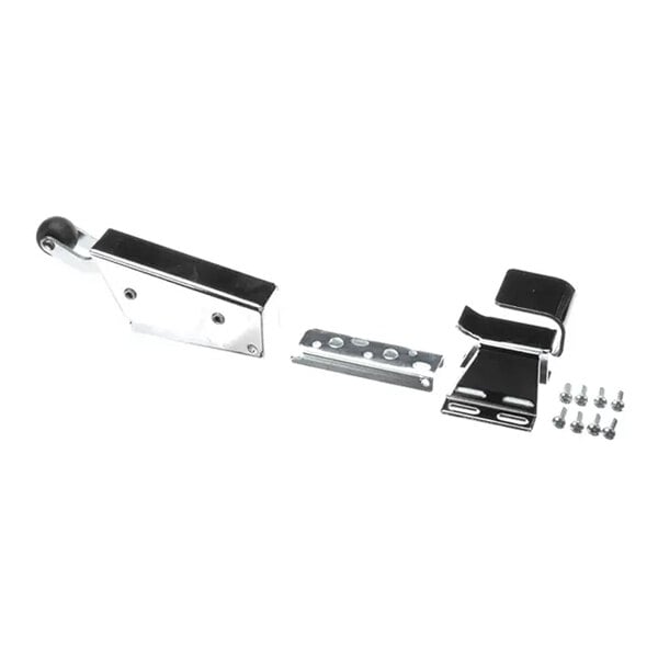 A metal door closer kit with several components and screws, designed for installation on doors.