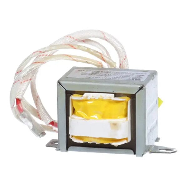 A metal-cased electrical transformer with exposed yellow and white windings and attached insulated wires.