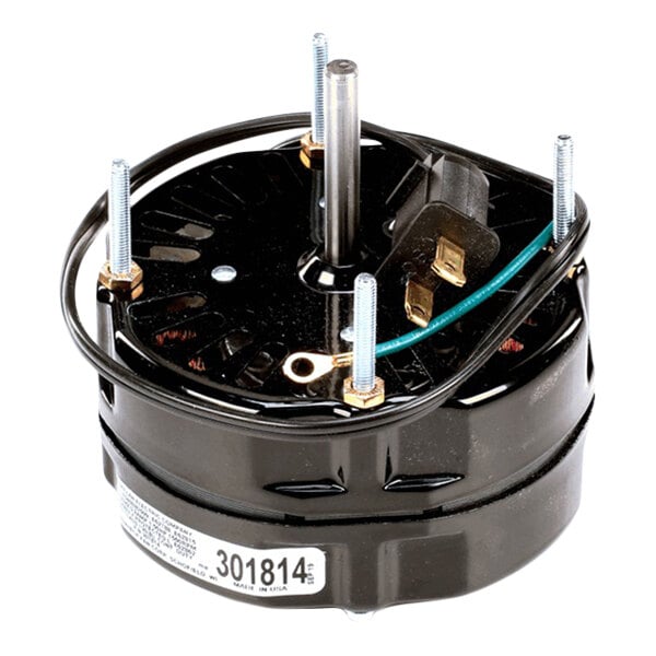 A black Accurex 301814 115V electric motor with mounting studs and attached wiring.