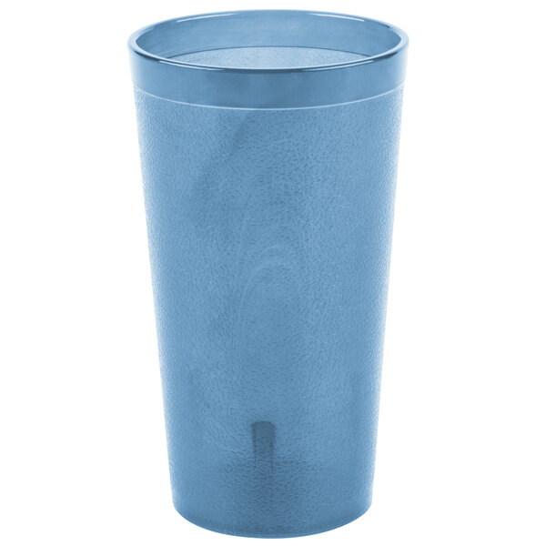 A close-up of a blue Carlisle plastic tumbler.
