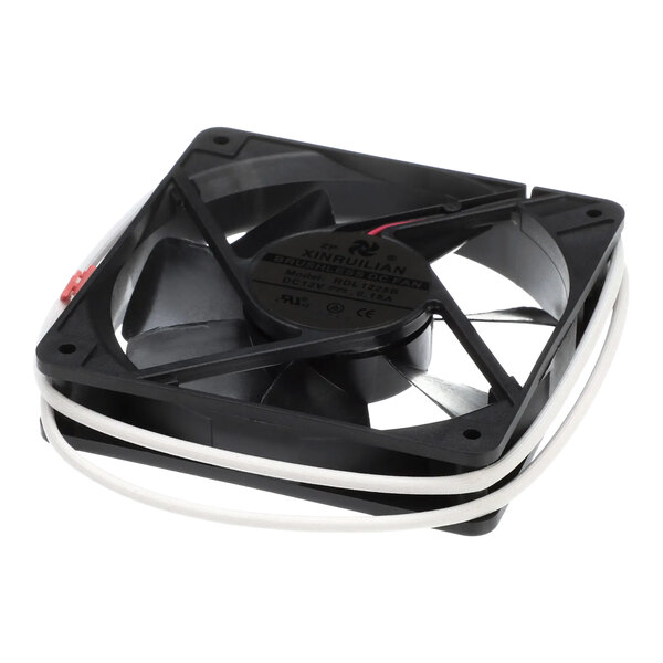 A black square evaporator motor fan with attached wiring.