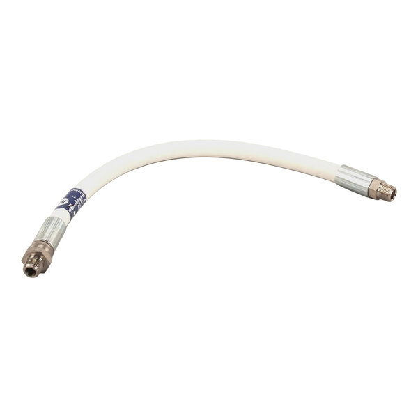 A flexible white pick up hose with metal fittings on both ends, measuring 3/8 inch by 21 inches.