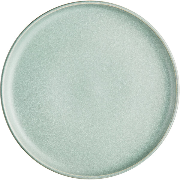 A round, matte, light blue plate with a smooth surface and slightly raised rim.