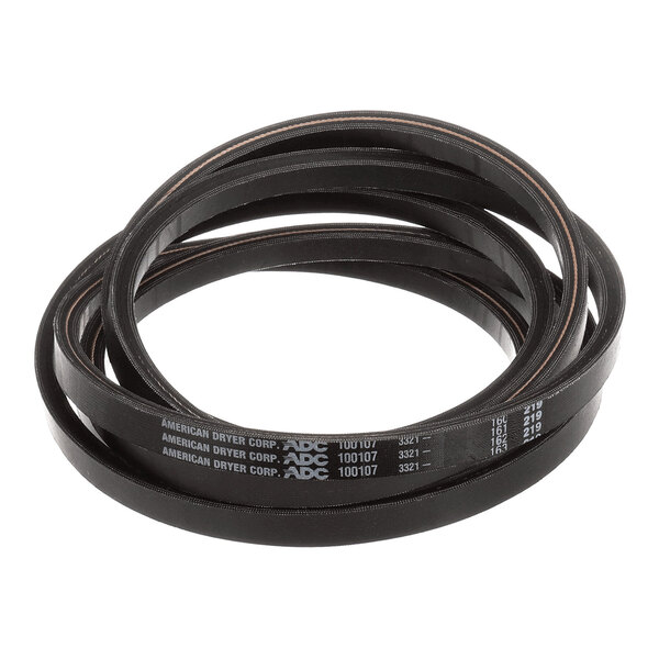 A black American Dryer 100107 5L670R V belt used for commercial dryers.