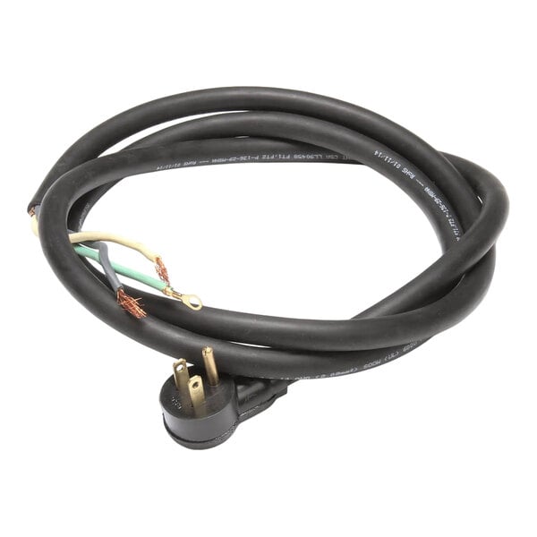 A black power supply cord with a three-prong plug and exposed wire ends, rated for 125V and 15A.