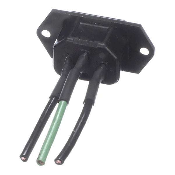 A black AC inlet component with three attached wires, two black and one green, designed for electrical connections.
