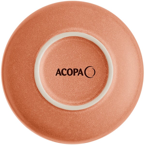 The image shows the underside of a round, terra cotta-colored bowl with a matte finish and the word 'ACOPA' printed in the center.
