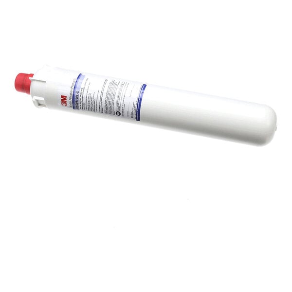 A cylindrical 3M water filter cartridge assembly with a white body and red cap.