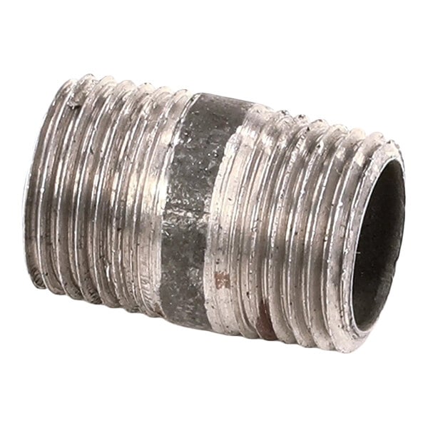 A metal pipe nipple with threaded ends, measuring 1/2 inch by 1-1/4 inches.