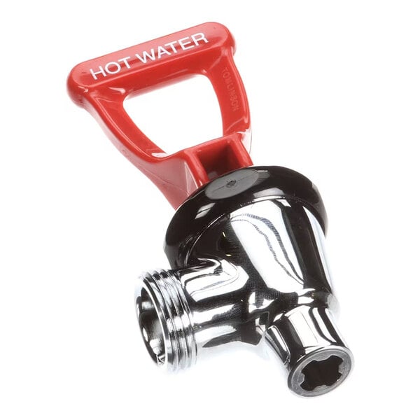 A metal faucet assembly with a red handle labeled 'HOT WATER.'
