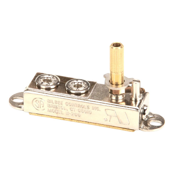 A metal mini thermostat with a rotary adjustment shaft and mounting holes, used for temperature control.