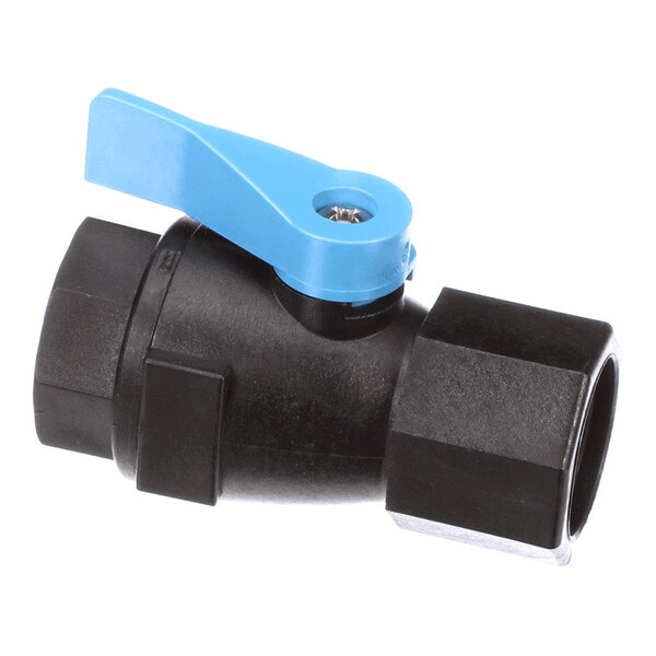 A black plastic ball valve with a blue lever handle and 3/4 inch FNPT connections.