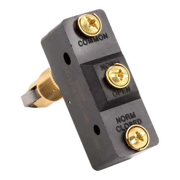 A black and brass door switch for a convection oven with labeled terminals for common, normally open, and normally closed connections.