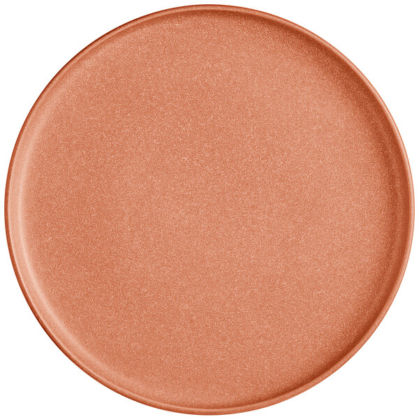 A round, terra cotta-colored plate with a matte finish and a slightly raised rim.