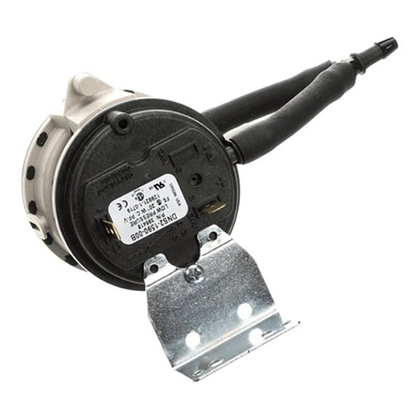 A pressure switch with attached mounting bracket and tubing, used in HVAC or ventilation systems.