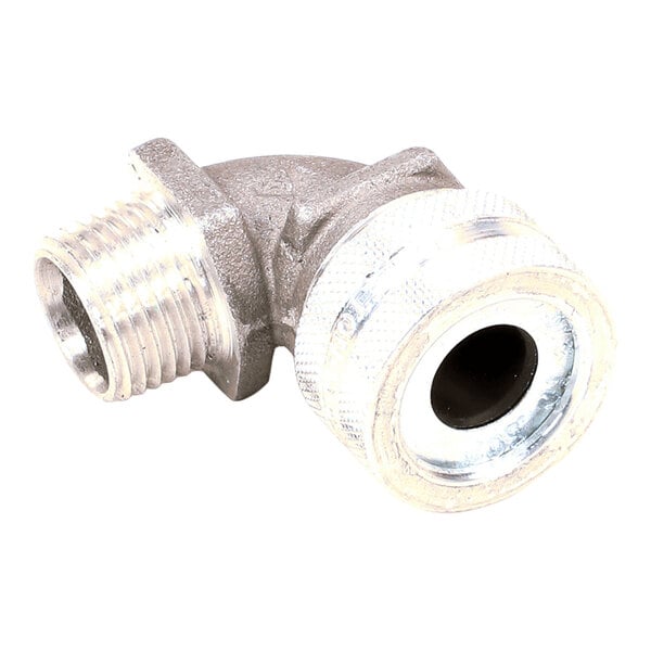 A metal 90-degree watertight cord connector with threaded ends.