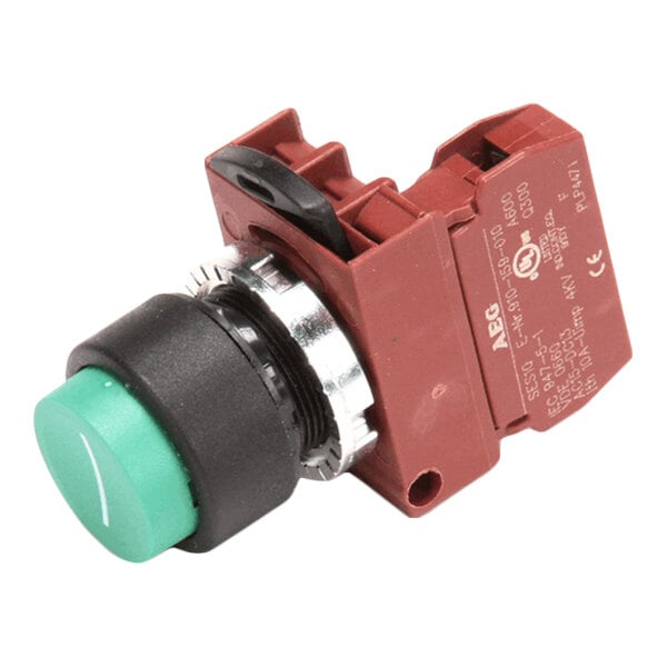 A green push button switch with a black and red housing, used for starting equipment.