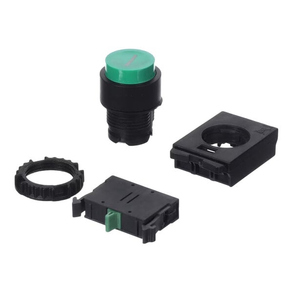 A green push button switch assembly with multiple black plastic mounting and connection components.